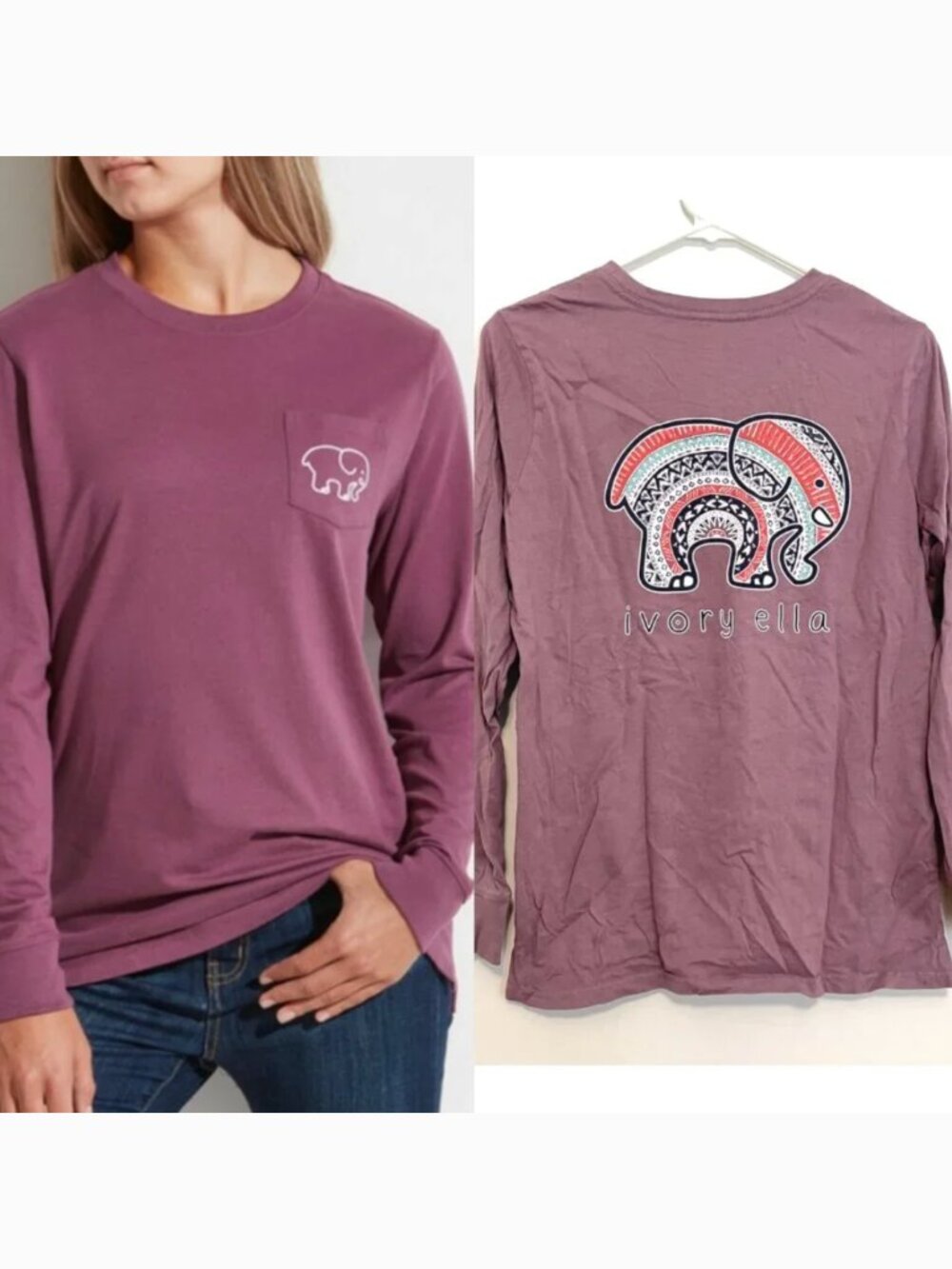 IVORY ELLA Lilac Lavender Purple Double Sided Pocket Long Sleeve Graphic Tee S